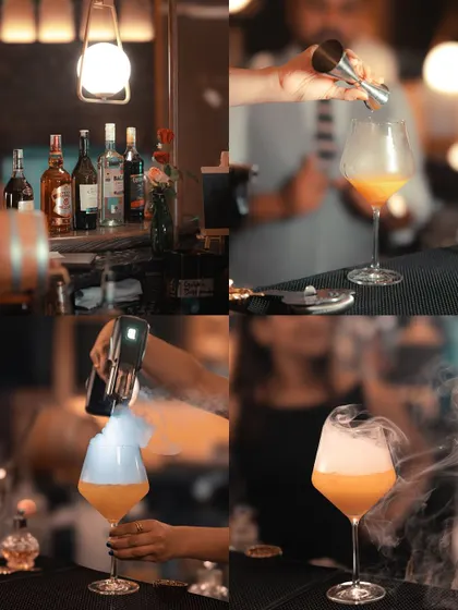 The art of mixology captured in a collage. During a project in Kathmandu, I filmed the creation of a smoky cocktail, focusing on the dramatic details to create visually engaging content for the hotel's bar.