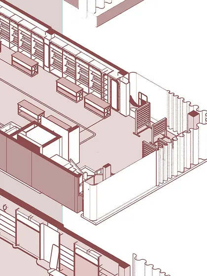 A drawing of the second floor of the Nalli store, designed for wedding couture. The material palette shifts to pastel tones and copper accents, with Nalli's "Chintz" print adapted as a wallpaper pattern.