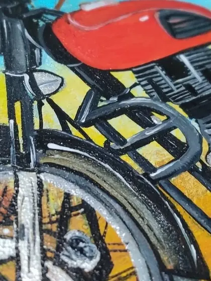 Another detail shot of the Royal Enfield painting, focusing on the front wheel and handlebars.