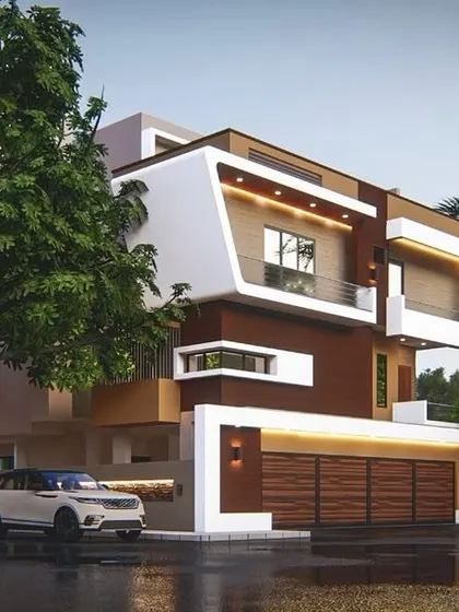 A 3D render of a modern villa with bold, angular white frames contrasting with warm brown tones. The design includes a large integrated garage and strategically placed windows to maximize natural light.
