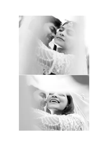 A creative black and white collage of the couple sharing an intimate moment under a sheer veil.