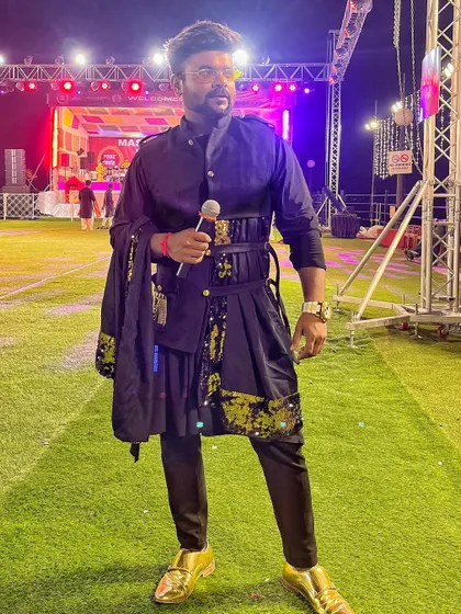 My custom-designed outfit for Day 5 of Navratri, complete with golden shoes.