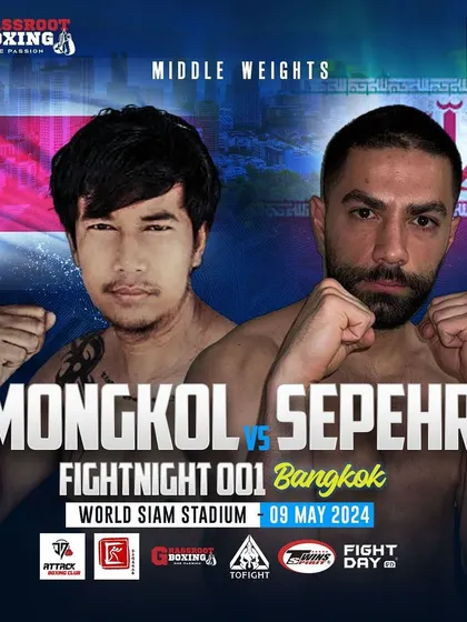 A fight poster for our Bangkok event, featuring a matchup between fighters from Thailand and Iran.