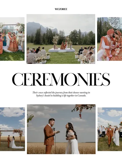 A feature page from Wezoree titled 'Ceremonies', showing the two distinct wedding ceremonies of Naina and Ryan. It beautifully illustrates their journey from a chance meeting to building a life together in Canada.