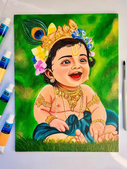 The full view of my Bal Krishna acrylic painting on canvas. This piece is perfect for adding a touch of devotion and happiness to your home decor.