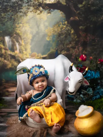 Another angle of our sweet baby Kanha, showing his charming expression and the full, detailed setup.