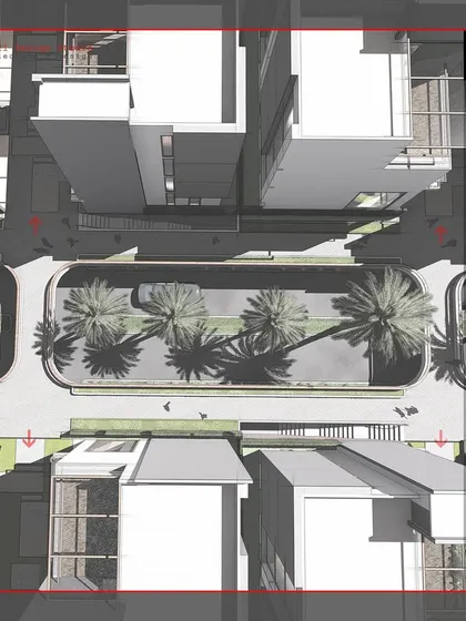 A top-down plan view of 'The Neighbourhood' concept, focusing on the design of the internal street and landscaped central island.