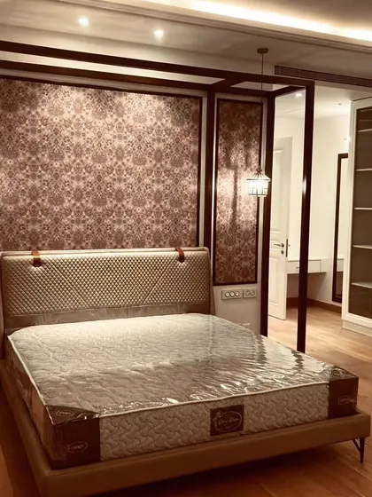 Just can't get over this project. Our team did a sleep test before handover and certified this as one of the best bedrooms we've done. The four-poster frame and patterned wall are just stunning.