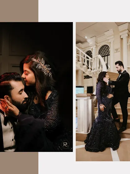 A diptych of intimate moments from an engagement shoot. One is a dramatic close-up, and the other a full shot of the couple on a grand staircase, showcasing different moods.