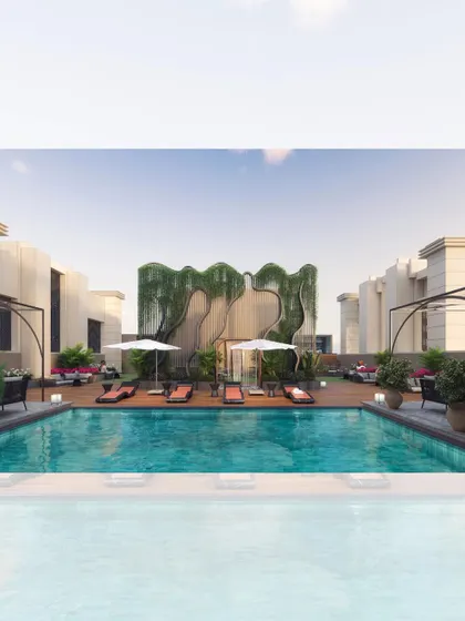 A render of the sky-level infinity pool at Crescent Park 9 in Bandra. The design incorporates lush greenery and elegant cabanas to create a luxurious and private recreational space for residents.