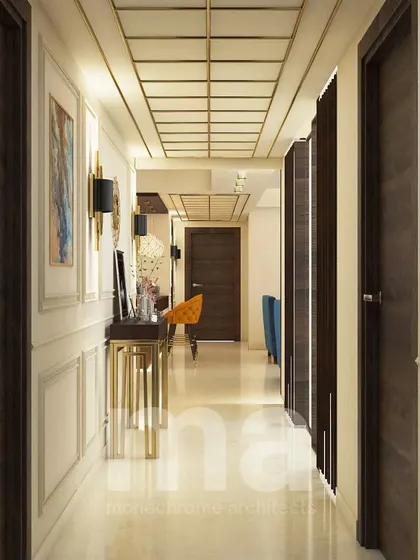 This 3D render shows our design concept for a contemporary hallway. The plan includes classic wainscoting on the walls, a sleek console table with metallic legs, and a coffered ceiling with brass inlays.
