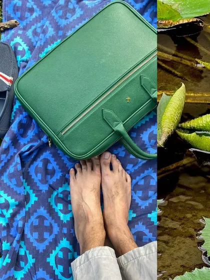 A moment of relaxation from my photo scroll. Bare feet on a picnic blanket with a laptop bag nearby captures the essence of modern work-life balance.