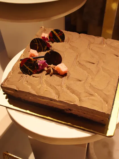 A square chocolate mousse cake with a textured finish and delicate chocolate garnishes.