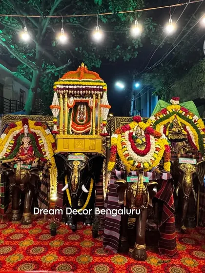 This was a very special project: creating the Ambari Utsava for the Annemma Devi festival. The decorated elephant idols carrying the goddess create a powerful and divine procession.