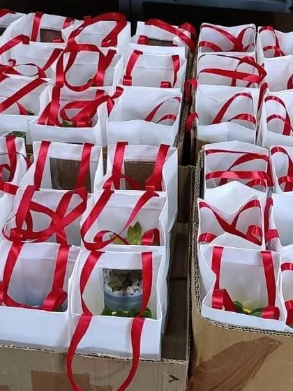A large batch of gift bags for Pluralsight, packed in cartons and ready for delivery, demonstrating our capacity for bulk corporate orders.
