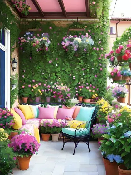 A balcony bursting with colorful flowers. I used a mix of potted plants and hanging baskets to create a vibrant and cheerful garden in the sky.