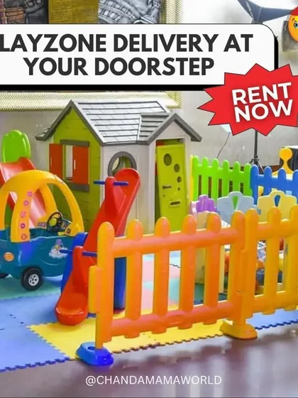 Playzone delivery at your doorstep. This graphic features a clean and simple indoor setup with a playhouse, slide, and ride-on car, all safely enclosed by colorful fencing.