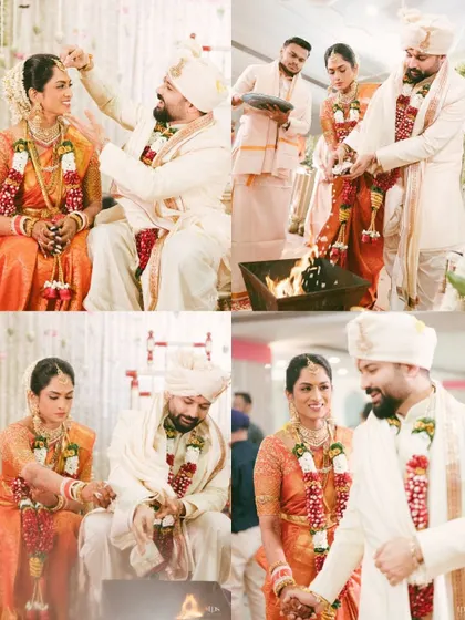 A collage of sacred rituals from a Hindu wedding ceremony, including the pheras around the holy fire. These images document the traditions that unite the couple.