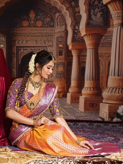 A seated pose that beautifully displays the drape of the saree and the way the layered necklaces fall. This look is a testament to timeless South Indian bridal elegance.
