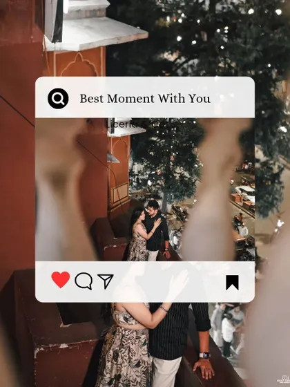A playful and modern take on a pre-wedding photo, framing the couple at Hawa Mahal within a social media interface graphic.