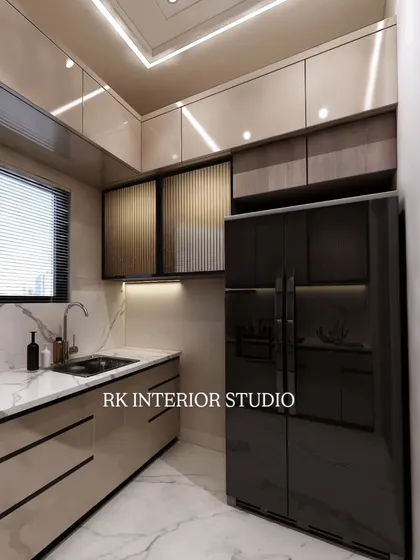This render shows the kitchen layout with the refrigerator integrated into the cabinetry. The combination of wood-textured and glossy beige cabinets, along with fluted glass, creates a sophisticated look.