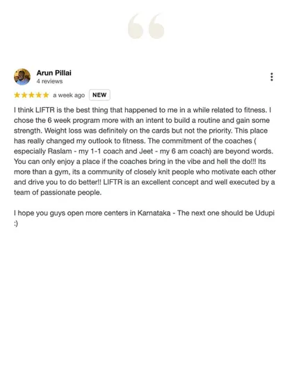 Arun chose our 6-week program to build a routine and gain strength. He lost 4 kgs and 5 inches, but more importantly, he changed his outlook on fitness, hitting 12k steps daily and showing up consistently at 6 am.