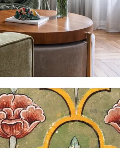 Another inspirational collage, focusing on the rich textures of a wooden coffee table and the intricate patterns found in traditional Indian art, which often influence our contemporary designs.