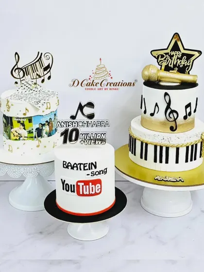 The full dessert table setup for Anish Chhabra's celebration, showcasing the variety of music-themed cakes.