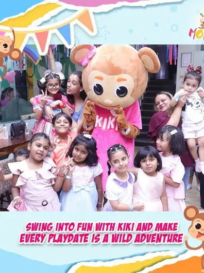 Swing into fun with Kiki! A playdate becomes a wild adventure when our mascot joins in. The kids love gathering around for a group photo and a hug.