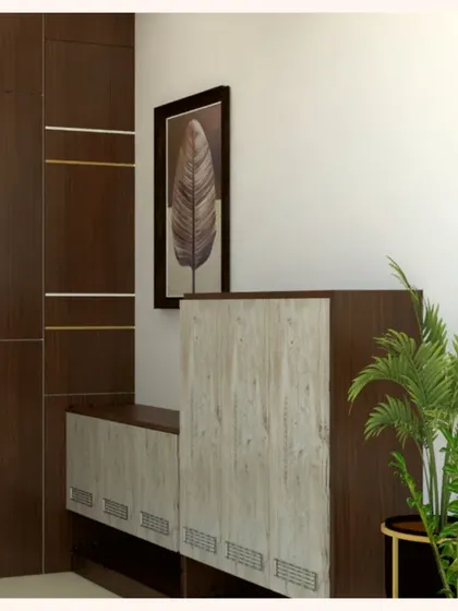 Foyer Problem Solving: The client had an unsightly duct door at their entrance. My solution was to design custom paneling and a shoe rack that completely conceals it. This before-and-after demonstrates how I solve practical problems with elegant design.