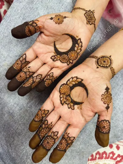 An elegant and modern design for Eid celebrations. It features a crescent moon motif combined with delicate floral patterns and geometric checkerboard designs on the back of the hands.
