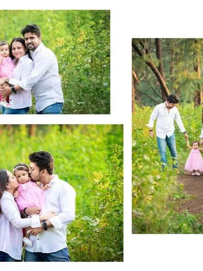 A collage of a family photoshoot in a lush, green outdoor setting, capturing candid moments of love and laughter.
