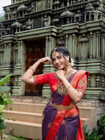 This shot highlights the jewellery against the rich texture of the silk saree, showing how well they pair together.