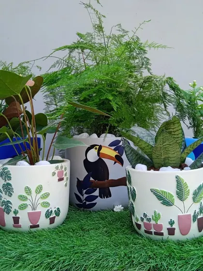 Add a touch of personality and art to your garden with our collection of hand-painted pots. Featuring whimsical designs like toucans and leafy patterns, these planters are a joyful home for your favorite plants.