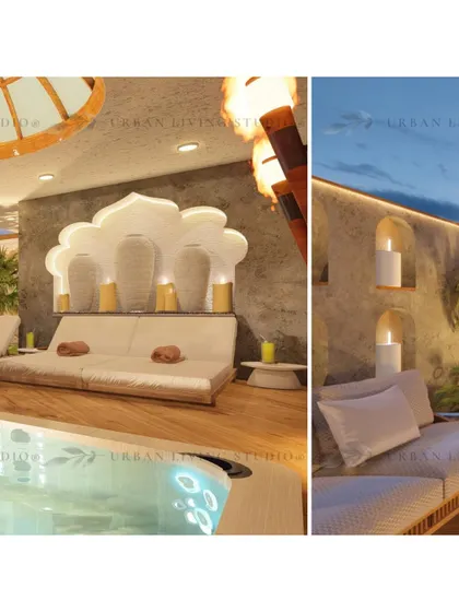 More details from the Moroccan terrace concept. The design features arched niches with candle-like lighting and comfortable daybeds, creating a serene and intimate space for unwinding by the water.