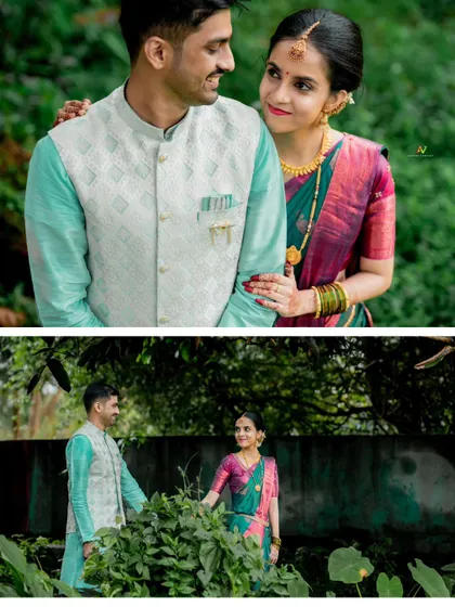 A collage of a couple in a lush garden, sharing a loving gaze and posing amidst the greenery for their pre-wedding photos.