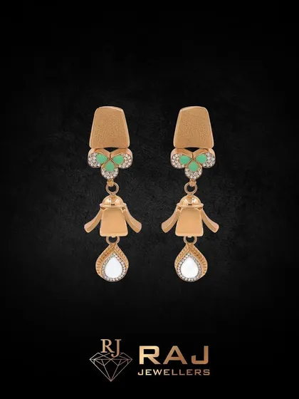 A pair of elegant drop earrings featuring a unique design with green and white stones. The combination of brushed gold and sparkling gems gives them a sophisticated and modern appeal.