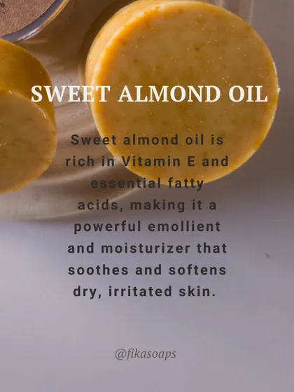 My face soap is enriched with Sweet Almond Oil, which is rich in Vitamin E and essential fatty acids. It's a powerful emollient that soothes and softens dry, irritated skin.