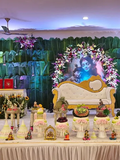 The complete, breathtaking view of our premium Thai-inspired baby shower decor. The combination of fresh flowers, carved fruits, and traditional elements creates a truly grand celebration.