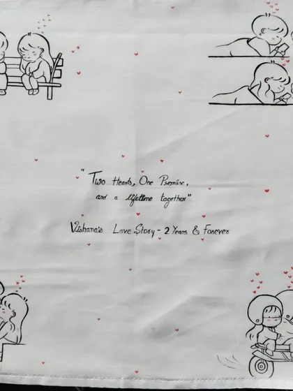 This custom handkerchief tells a two-year love story. It features scenes like sitting on a bench, texting "I love U," and riding a scooter together, along with a personalized quote.