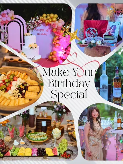 This collage celebrates a special 50th birthday party we catered. It highlights our grazing board, bar setup, and the overall festive decor, showing how we contribute to making birthdays special.