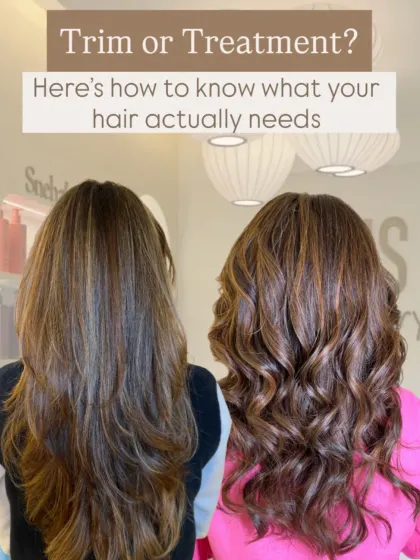 "Do I need a trim or a treatment?" This is one of the most common questions I hear. This visual guide helps you understand the difference. A trim manages split ends, while a treatment restores health from within the hair strand.
