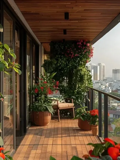 This balcony uses wooden decking on the floor and ceiling to create a warm, natural enclosure. The space is filled with lush plants in large pots, creating a private and verdant escape.