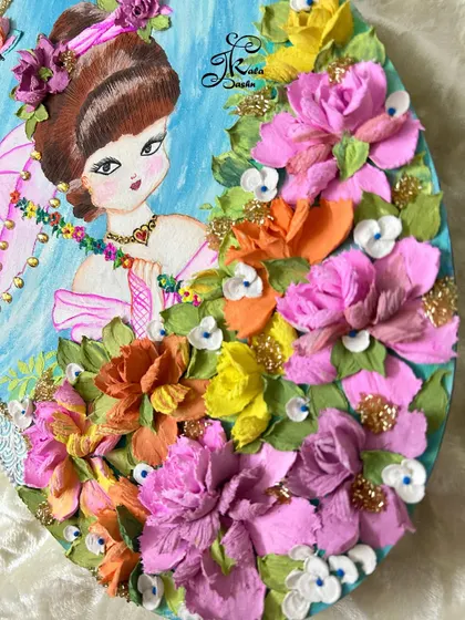 A close-up of the girl with the umbrella, focusing on the cascade of flowers. You can see how the 3D flowers create a lush, textured foreground that makes the painted figure stand out.