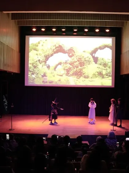 A view from the audience captures the scale and energy of our productions. Our goal is to create a complete theatrical experience where children perform for a live, engaged audience, learning to manage stage presence and audience interaction.