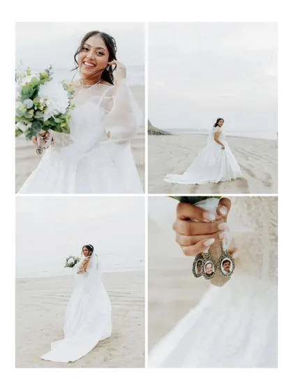 A collage of beautiful bridal portraits on the beach. The bride's happiness and the serene coastal backdrop create a series of stunning images.