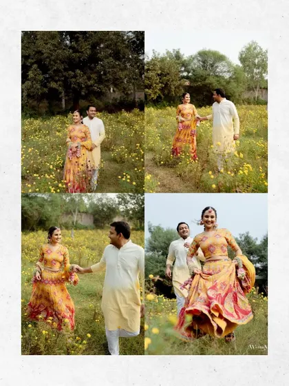 A collage of the couple having fun in a field of yellow flowers. These candid shots are full of movement, laughter, and romance.