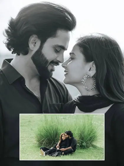 An artistic collage that pairs a dramatic black and white close-up with a sweet, candid moment of the couple relaxing in the grass.