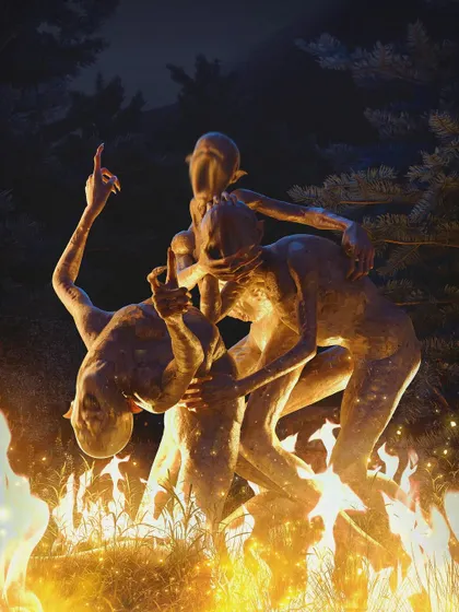 These "Fire Dancers" are demonic figures performing a ritual around a campfire. I posed them in dynamic, intertwined positions to create a sense of chaotic energy and dark celebration.