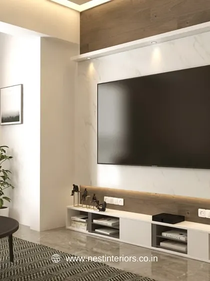 A 3D concept for a TV wall with a marble-finish backdrop and a low, wide console. This minimalist approach keeps the focus on the screen while providing ample storage.
